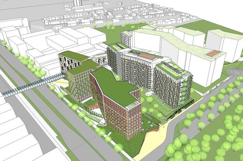 Zu sehen ist eine Skizze/Zeichnung einer Luftansicht des Areals. Darauf zu sehen sind die sieben Gebäudekomplexe und die umliegenden Straßen, sowie viele Bäume und große Grünflächen um die Gebäude. Zu sehen ist eine Skizze/Zeichnung einer Luftansicht des Areals. Darauf zu sehen sind die sieben Gebäudekomplexe und die umliegenden Straßen, sowie viele Bäume und große Grünflächen um die Gebäude.