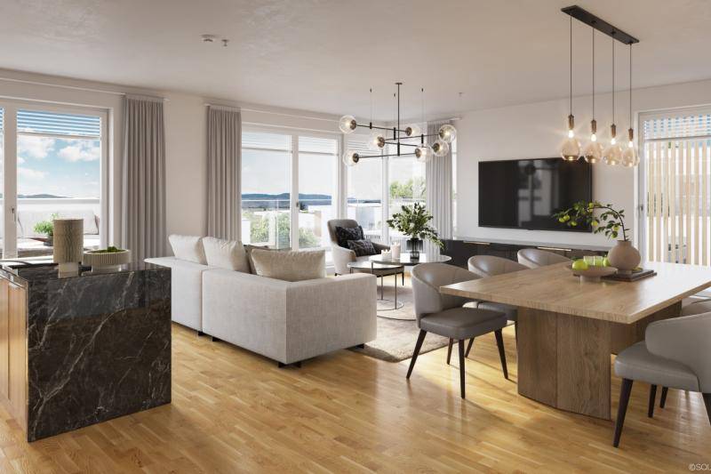 Ein Wohnzimmer mit Kücheninsel mit Marmor-Oberfläche. Dahinter ist eine weiße Couch. Der TV hängt an der Wand. Daneben ist der Estisch aus Holz mit 6 Sesseln. Der Boden aus hellem Parkett. Ein Wohnzimmer mit Kücheninsel mit Marmor-Oberfläche. Dahinter ist eine weiße Couch. Der TV hängt an der Wand. Daneben ist der Estisch aus Holz mit 6 Sesseln. Der Boden aus hellem Parkett.